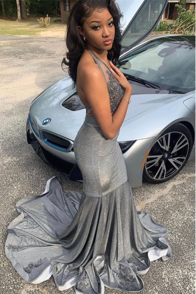 Newest Gray Halter Sequins Appliques Mermaid Prom Dresses