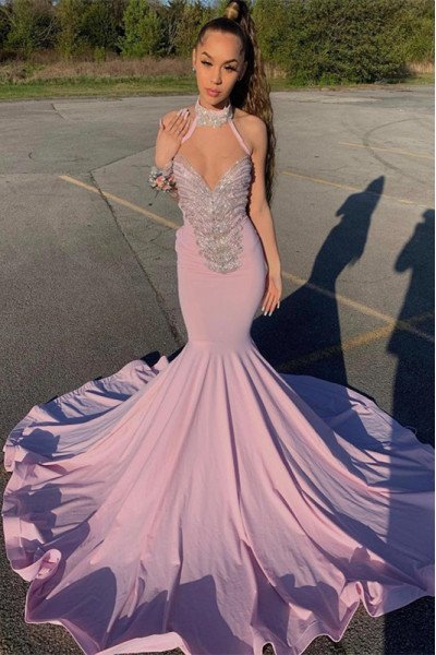 Glamorous Pink Sleeveless Halter Sexy Mermaid Prom Dress with Beading