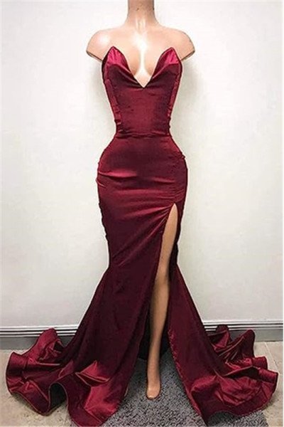 Simple Burgundy Sweetheart Mermaid Side Slit Prom Dresses