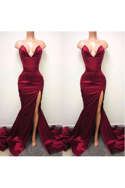 Simple Burgundy Sweetheart Mermaid Side Slit Prom Dresses