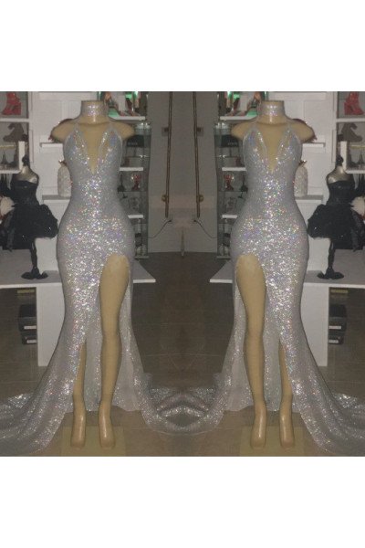 Silver Sheath Side Slit Sleeveless Halter Sequins Prom Dress