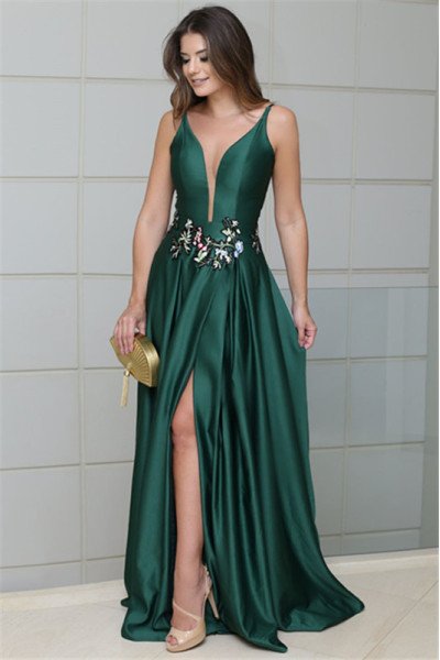 Trendy Dark Green Straps Sleeveless Long Evening Dresses with Crystal