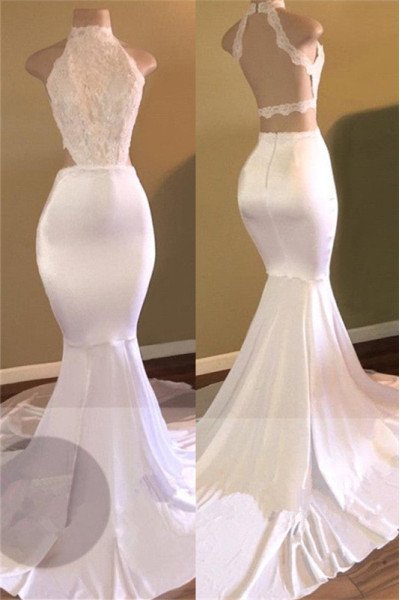 White Appliques Mermaid Open Back High Neck Prom Dresses