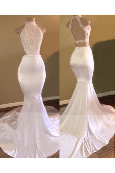 White Appliques Mermaid Open Back High Neck Prom Dresses