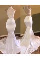 White Appliques Mermaid Open Back High Neck Prom Dresses