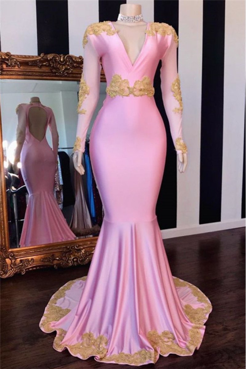 Newest Candy Pink V-Neck Long Sleeves Appliques Prom Dresses Newest Candy Pink V-Neck Long Sleeves Appliques Prom Dresses