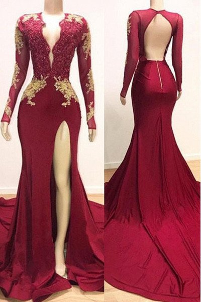 Gorgeous Burgundy V-Neck Long Sleeves Backless Mermaid Prom Dress