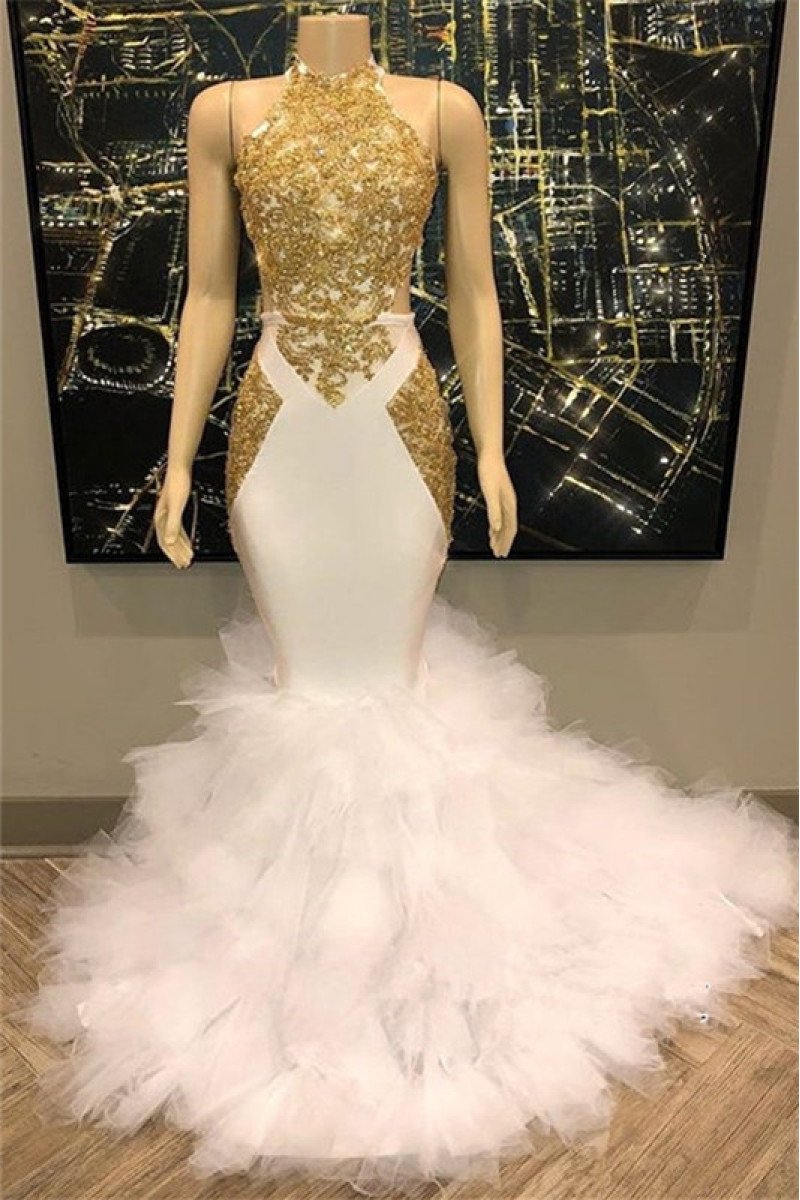 Trendy White Halter Mermaid Appliques Prom Dresses With Puffy Layers