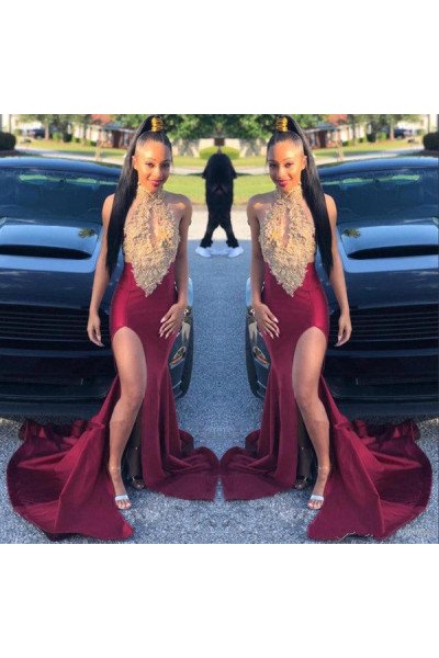 Cool Burgundy High Neck Appliques Side Slit Prom Dresses With Keyhole