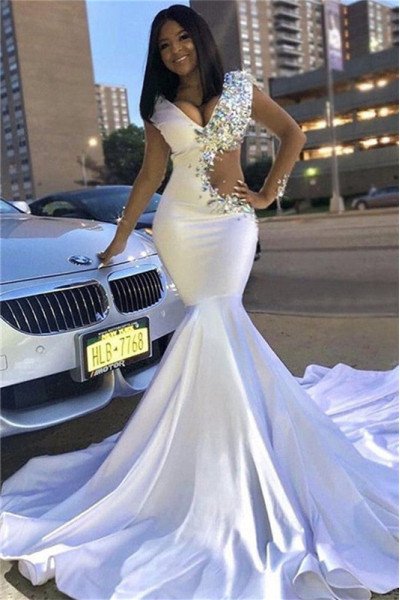 White V-Neck Mermaid Crystal Sleeveless Prom Dresses