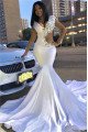 White V-Neck Mermaid Crystal Sleeveless Prom Dresses