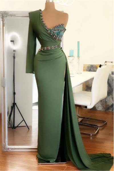 Fashion Green One Shoulder Sheath High Split Prom Dresses with Crystal