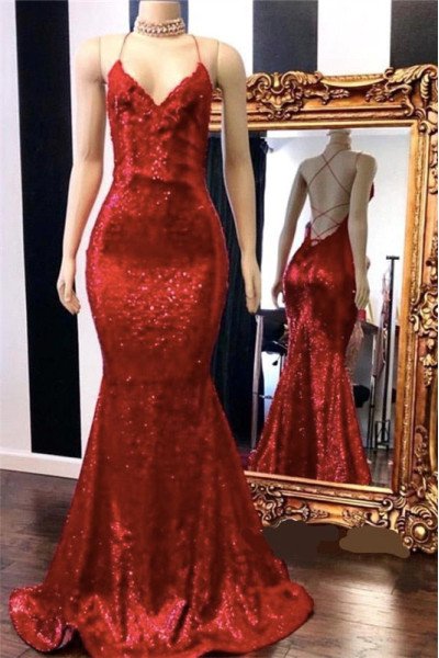 Sexy Red Open Back Halter Sequins Prom Dresses with Appliques