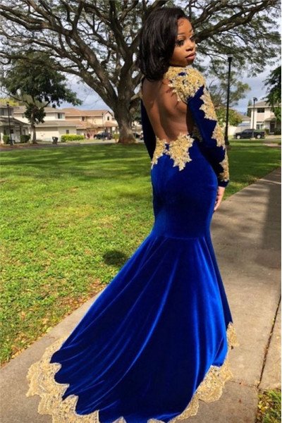 Dark Blue High Neck Velvet Long Sleeves Appliques Prom Dresses