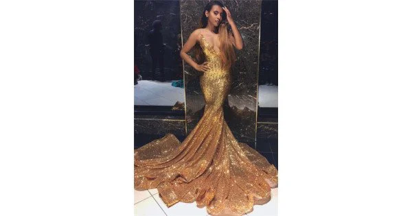Glitter Spaghetti Straps Gold Sequin Beaded Mermaid Long Prom Dress Party Dress main image 1