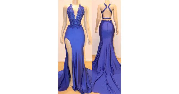 Mermaid Two Pieces V Neck Satin Appliques Prom Dresses Slit LBQ3061 main image 1