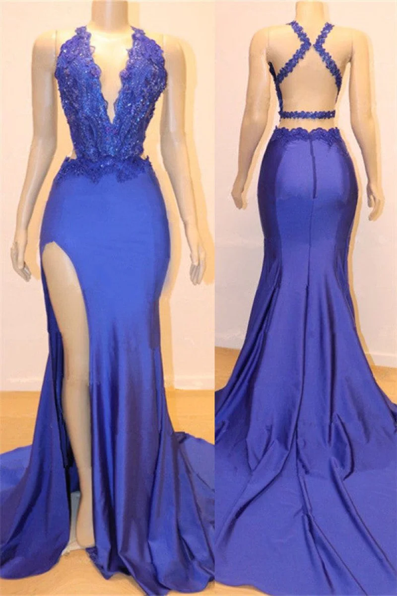 Blue Mermaid Open Back Mother of the Bride Dress with Slit