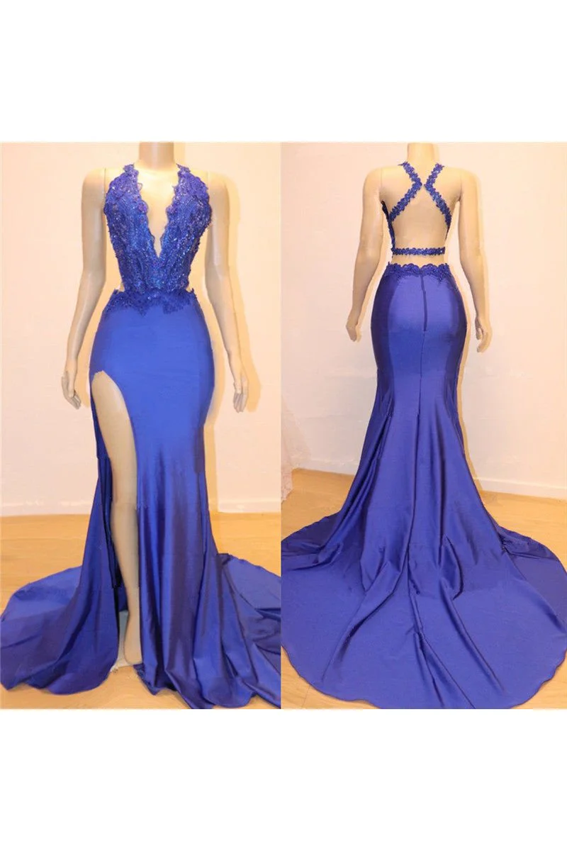 Removable Sleeves Blue Appliques Long Dress with Slit main image 1