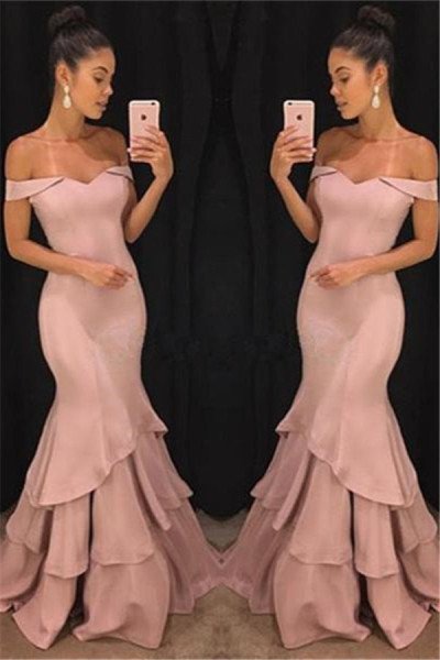 Elegant Blushing Pink Off Shoulder Tiered Prom Dresses