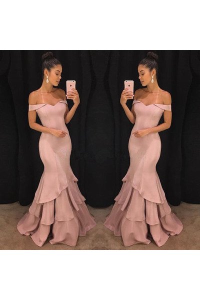 Elegant Blushing Pink Off Shoulder Tiered Prom Dresses