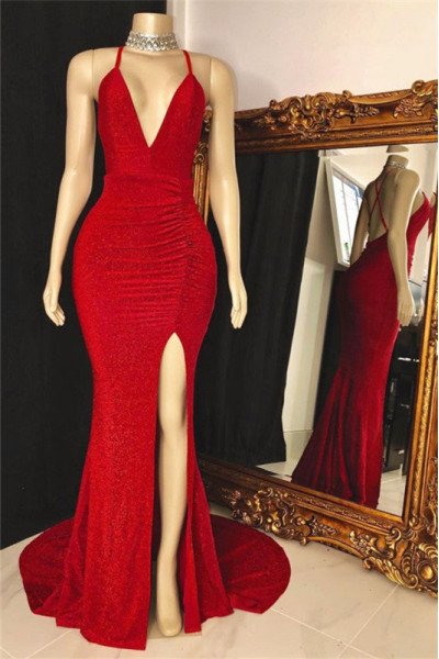 Sparkly Red Spaghetti Straps Side Slit Sheath Simple Prom Dresses