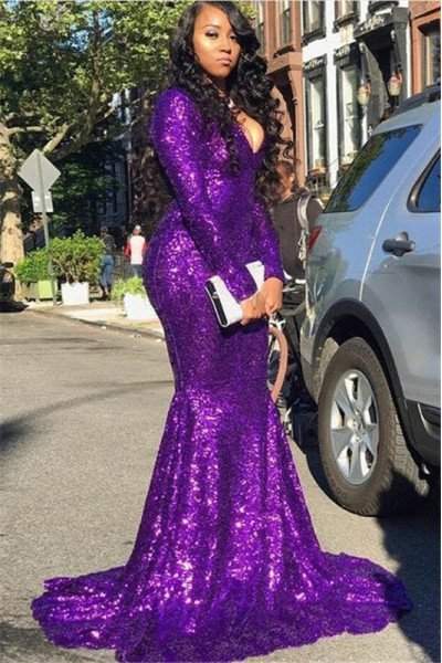 Sparkle Purple Sequins Long Sleeves V-neck Mermaid Prom Dresses