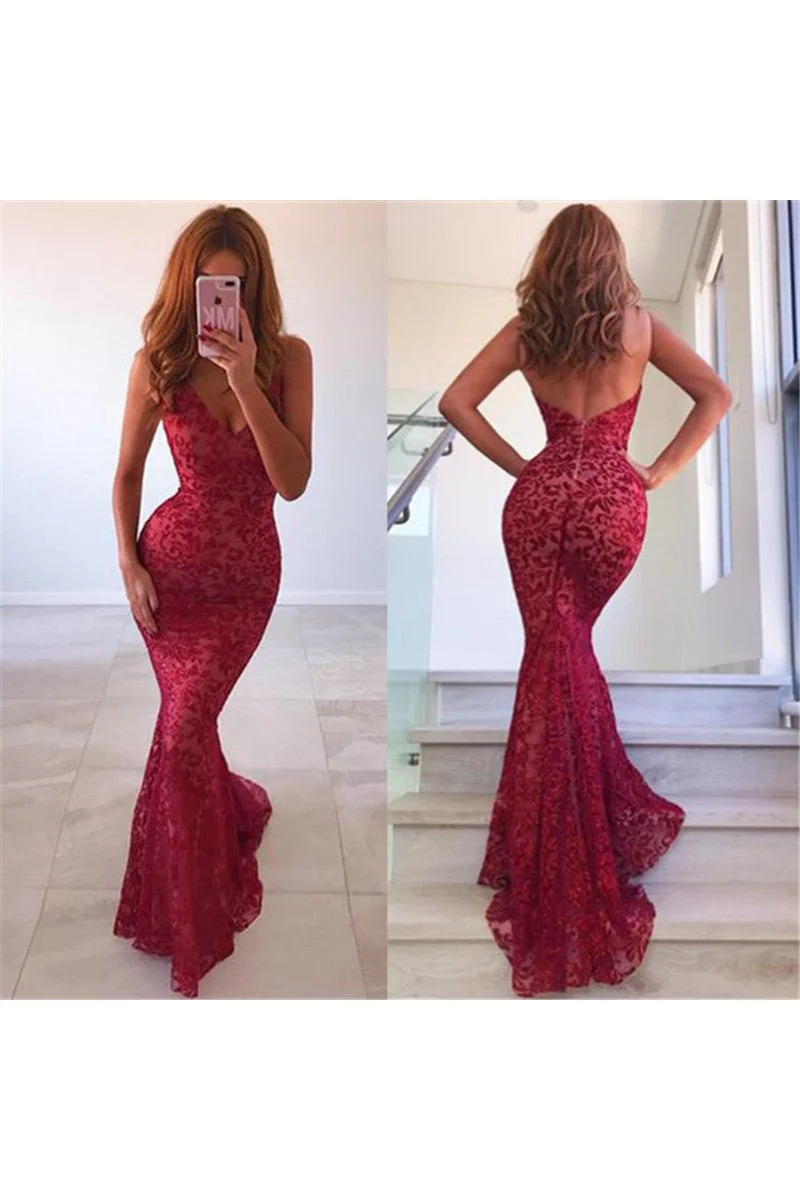 Spaghetti Lace Mermaid Prom Dresses, Sexy Backless Prom Dresses, Cheap Prom Dresses, PD0451