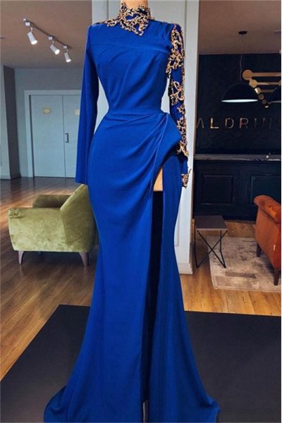 Modern Royal Blue Long Sleeves High Neck Sheath Prom Dresses With Appliques
