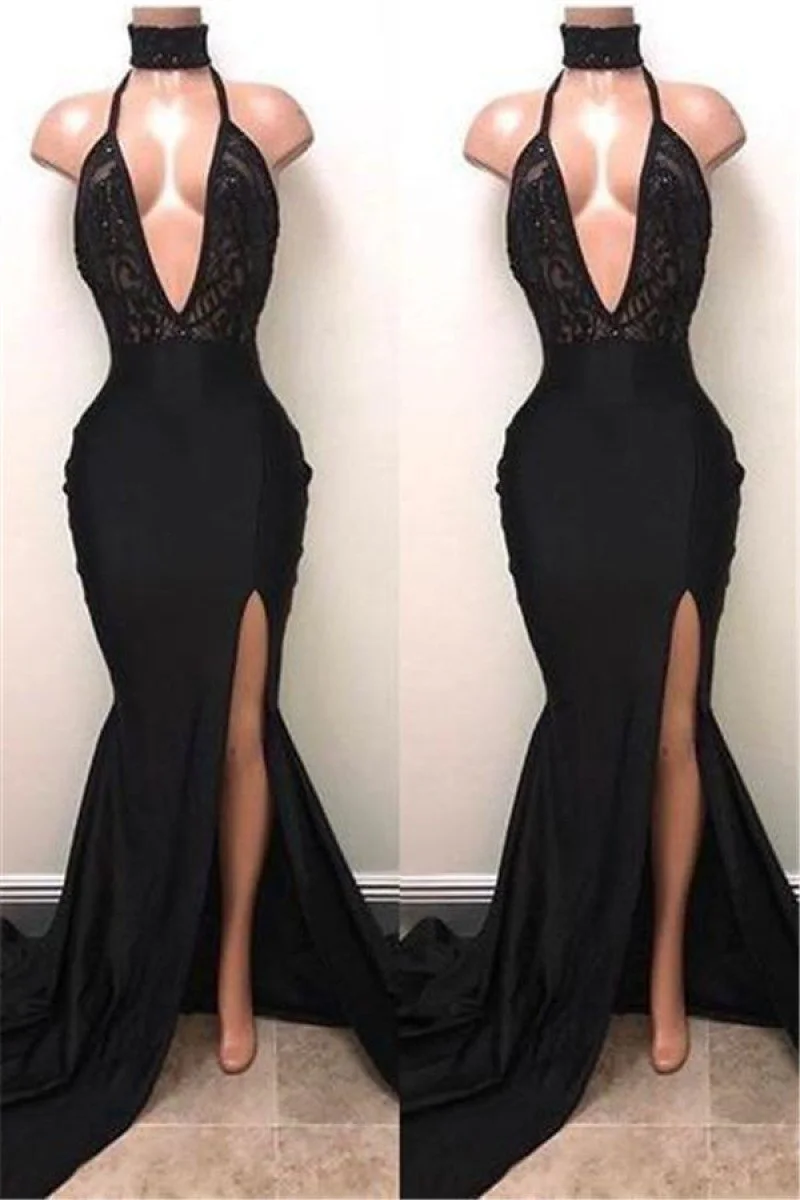 Sexy Black High Neck Side Slit Mermaid Prom Dresses With Appliques — free download