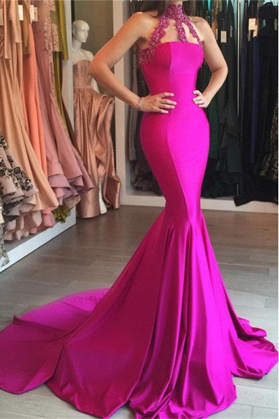 Elegant Fuchsia High Neck Sleeveless Mermaid Prom Dresses With Appliques