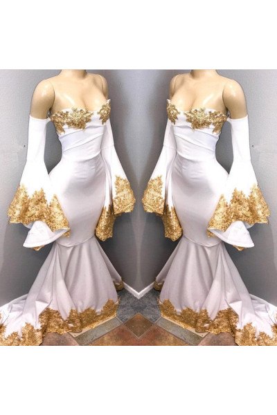Chic White Sweetheart Long Sleeves Mermaid Prom Dresses With Appliques