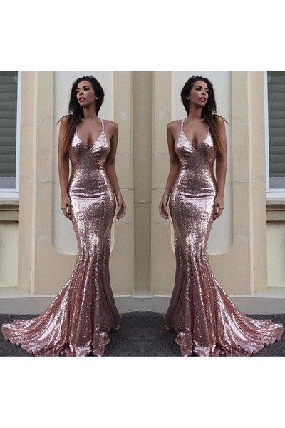 Sexy Pink Sequins Halter Backless Mermaid Prom Dresses