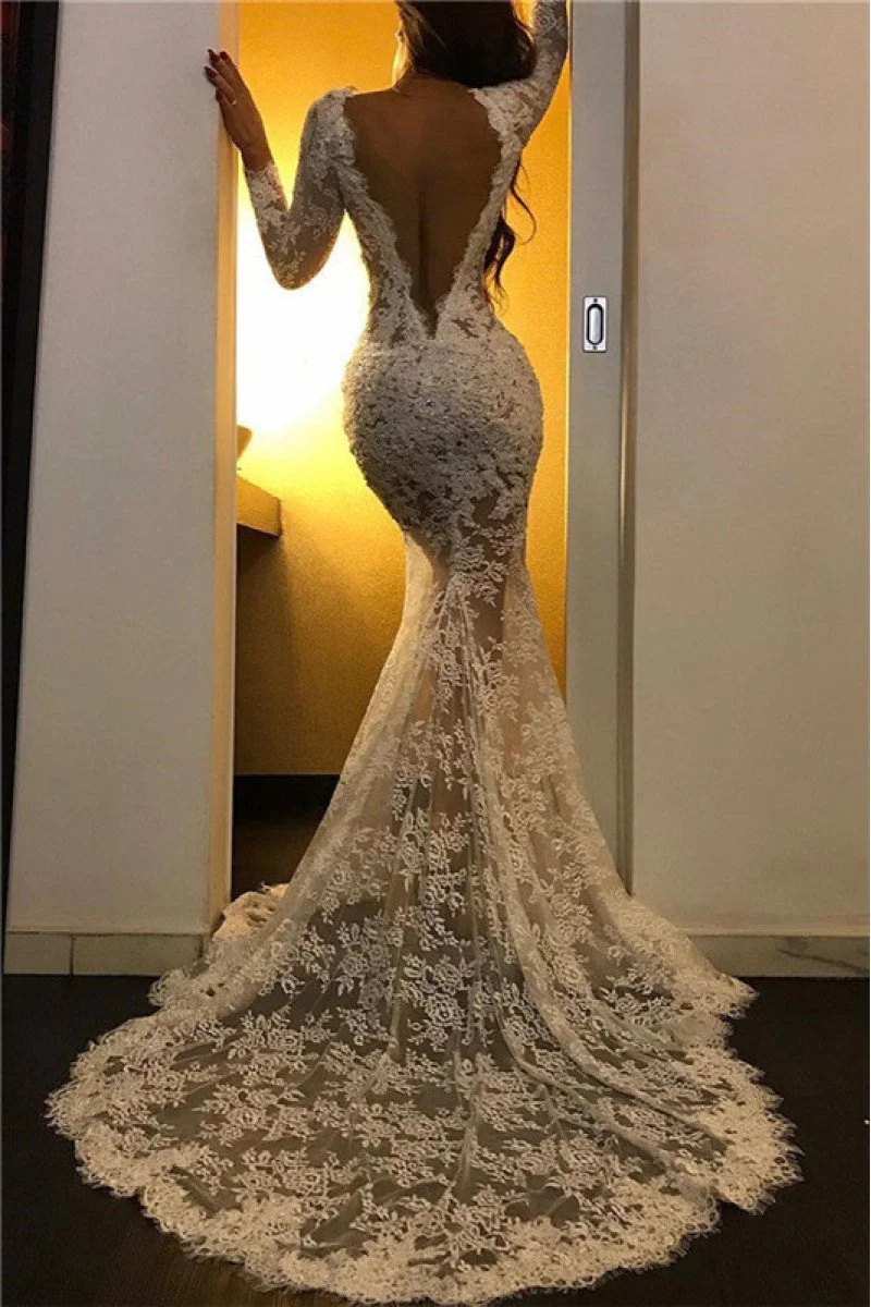 Gorgeous V-neck Sequined Lace Mermaid Prom Dress With Long Sleeves