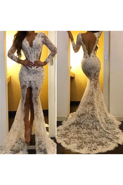 Sexy White V-neck Long Sleeves Front Slit Lace Mermaid Prom Dresses