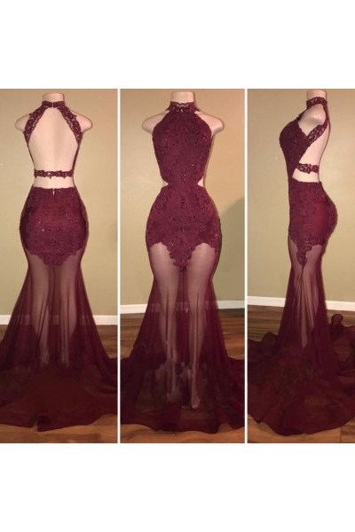 Sexy Burgundy High Neck Open Back Mermaid Prom Dresses With Appliques