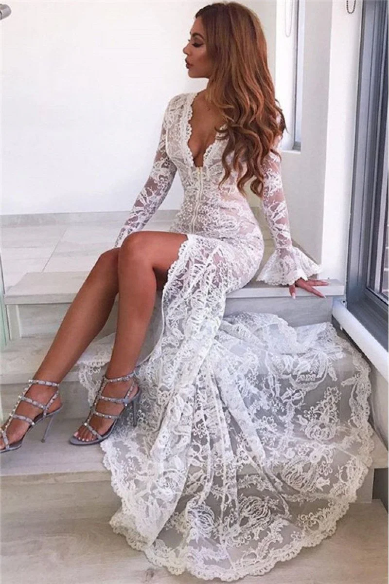 Gorgeous White V-Neck Sleeveless Prom Dress Mermaid Lace Bottom Flowers main image 0