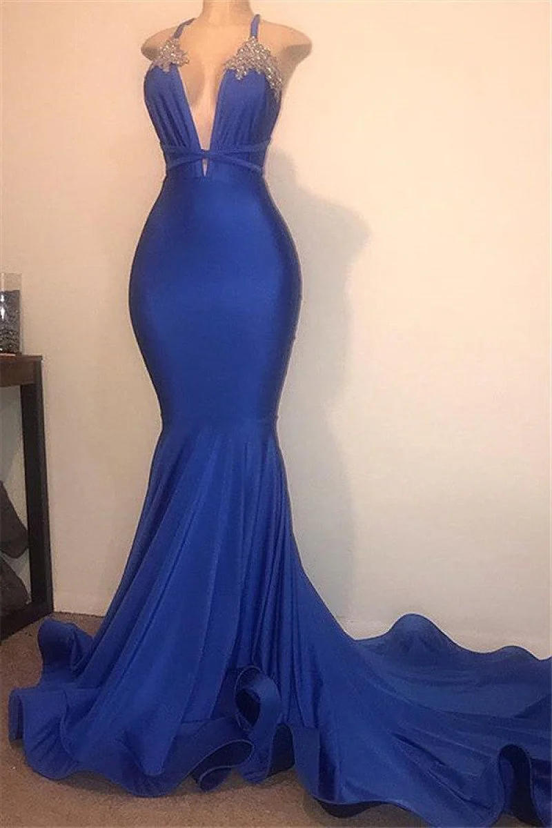 Gorgeous Mermaid Halter Neck Royal Blue Corset Prom Dress with Beading Ruffles