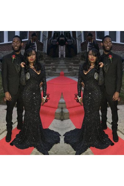 Special Black V-neck Sequins Long Sleeves Mermaid Prom Dresses
