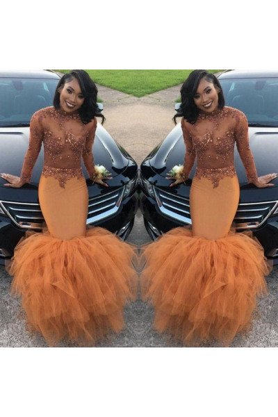 Sexy Orange Long Sleeves Puffy Layers Mermaid Prom Dresses With Appliques