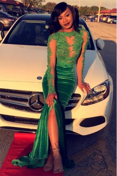 Sexy Green Open Back Long Sleeves Velvet Mermaid Prom Dresses With Appliques
