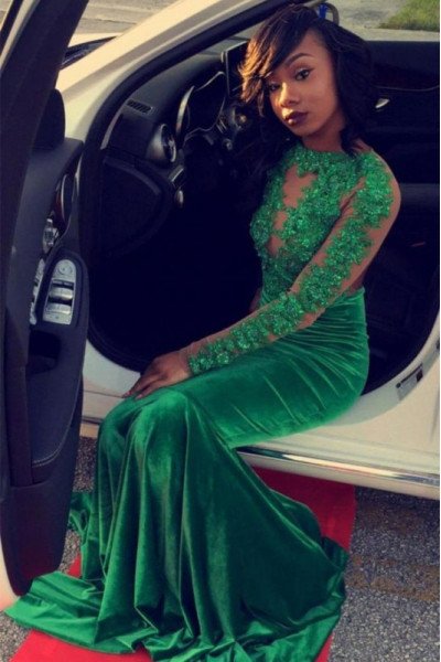 Sexy Green Open Back Long Sleeves Velvet Mermaid Prom Dresses With Appliques