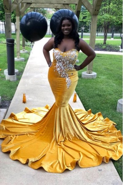 Generous Gold Sweetheart Velvet Oversize Mermaid Prom Dresses With Crystal