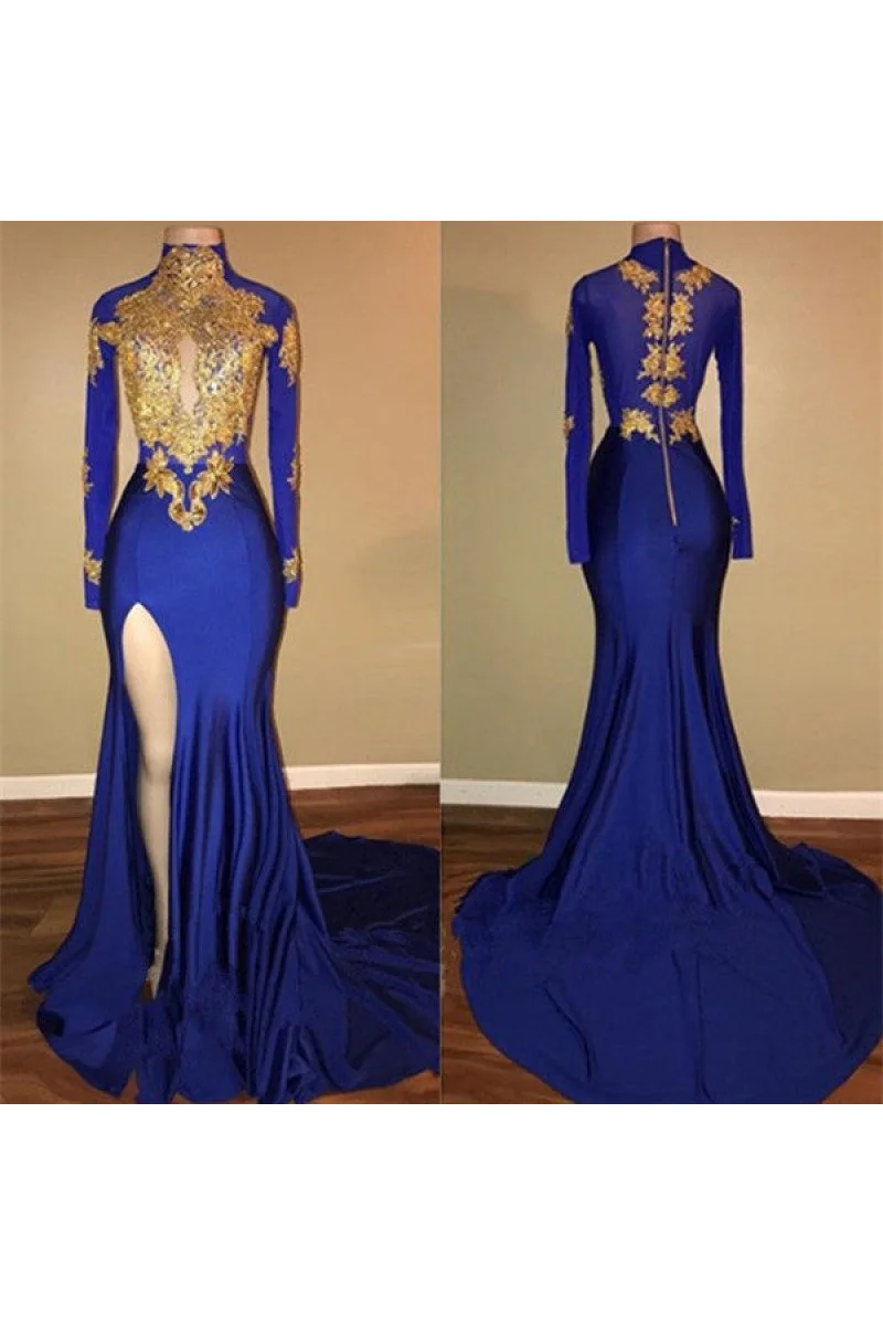 Royal Blue Long Sleeves Evening Gowns with Mermaid Sequins and Feathers main image 0
