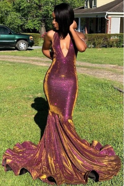 Sparkle Purple Sequins Halter Backless Mermaid Prom Dresses