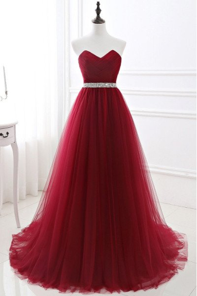 Chic Red Sweetheart Sleeveless Tulle Ball Gown Prom Dresses