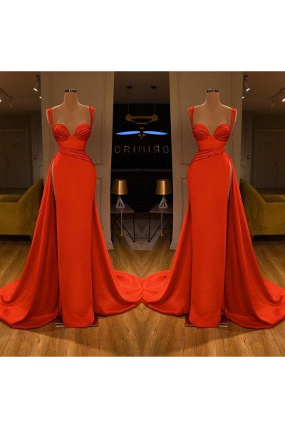 Simple Red Spaghetti Straps Side Slit A-line Prom Dresses