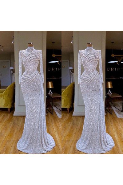 Modern White Sequins High Neck Long Sleeves Sheath Prom Dresses