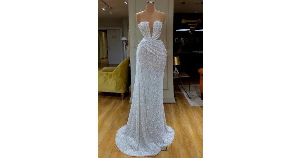 White Sequins Iridescent V-Neck Lace-Up Prom Dress main image 0