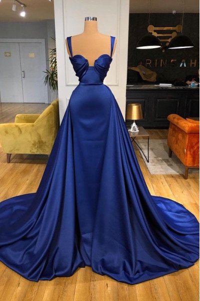 Elegant Dark Blue Spaghetti Straps Sheath Prom Dresses With Panel Train