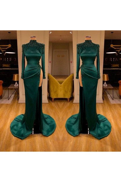 Modern Dark Green High Neck Side Slit Sheath Prom Dresses With Crystal